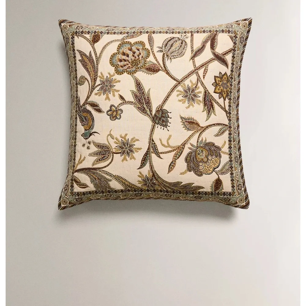 Zara Cream and Brown Floral Embroidered Accent Pillow Covers (Quantity: 2)